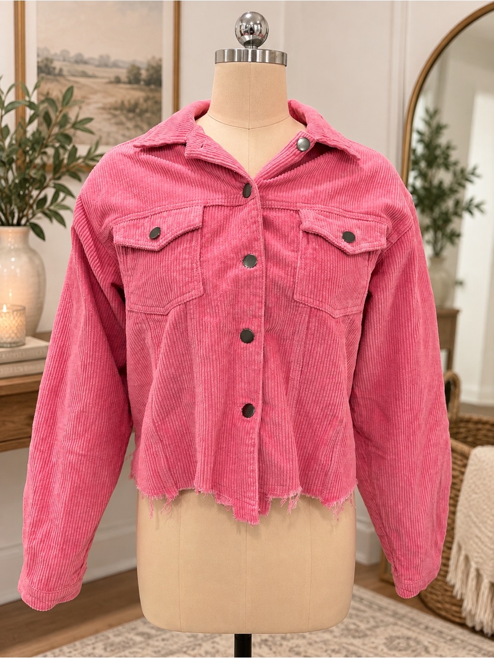 VICI Pink Corduroy Cropped Trucker Jacket Raw Frayed Hem Size Small